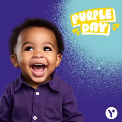 A smiling young boy is featured on a 'Purple Day' poster.